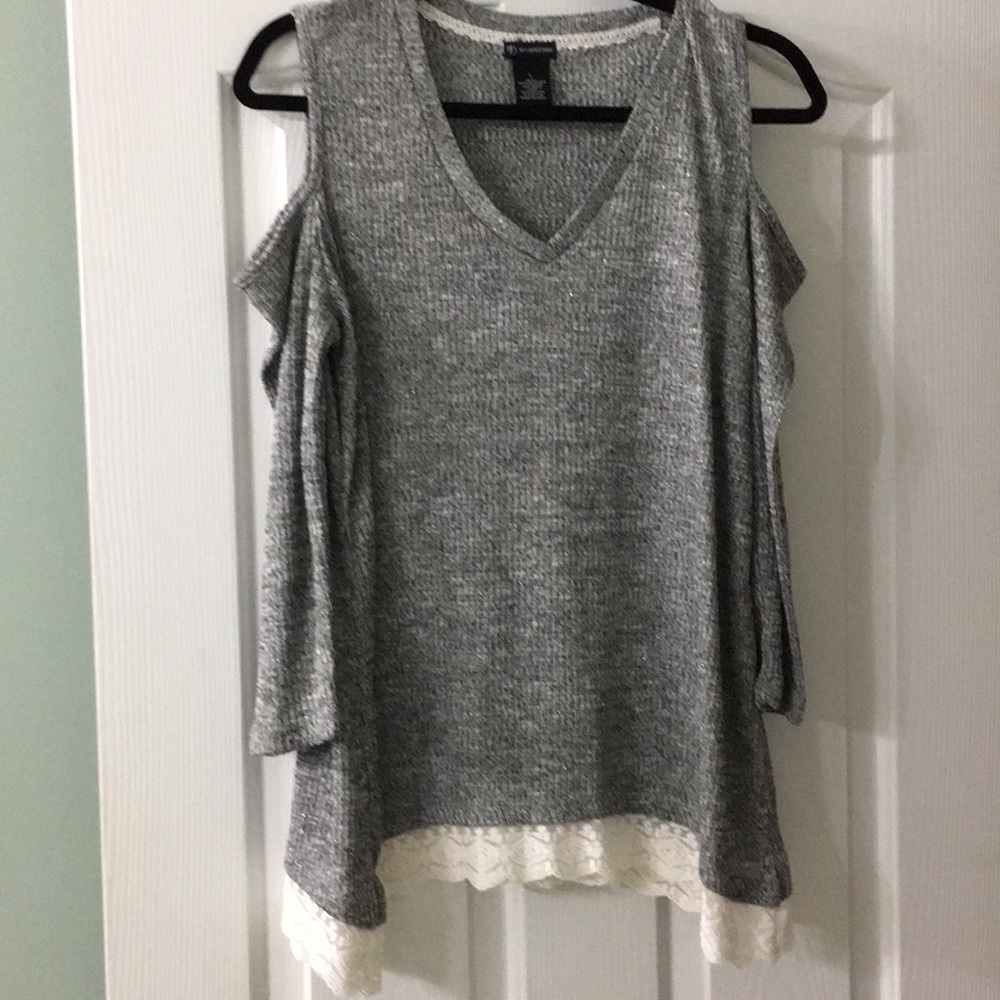Grey w/ sparkle cold shoulder lightweight sweater